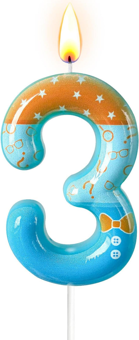 Number 3 Birthday Candle for Cake – Blue Cartoon Outfit Style with Bow Tie, Question Mark & Star Pattern – Fun Cake Topper Decoration for Celebration