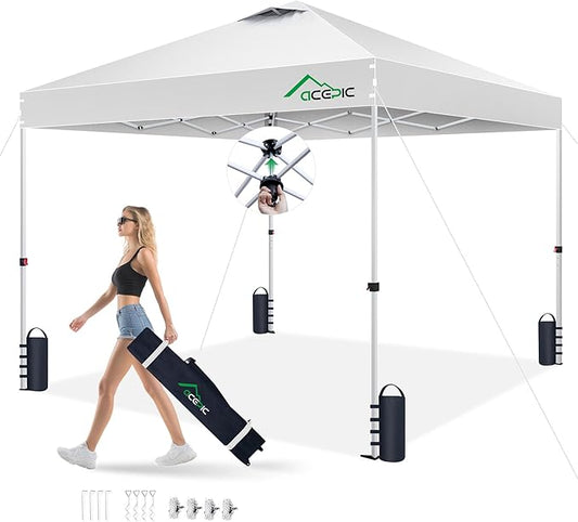 Acepic 10x10 Pop Up Canopy Tent, One Push Instant Outdoor Gazebo with Vented Top, Upgraded 300D Silver Coated Sun Shade for Parties Camping Vendor, Includes Wheeled Bag and 4 Sandbags, White