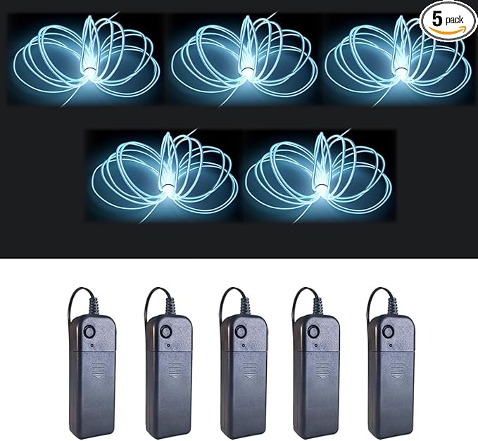 MaxLax EL Wire White 5-Pack, 9ft/2.75m Neon Light Wire with Noise Reduction and Battery Pack…