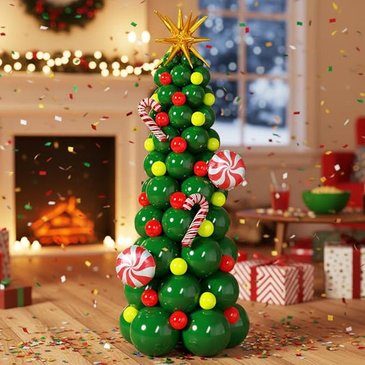 143Pcs Christmas Tree Balloon Arch Garland Kit with Dark Lime Green Red Star Cane Candy Balloons for Christmas Party Decoration, Holiday Birthday Supplies, Xmas Balloon Garland