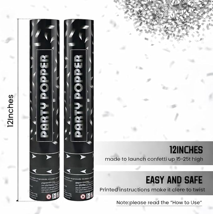 Confetti Poppers Silver Confetti Cannon 2 Pack Silver Foil Confetti 12 Inch Party Poppers for Wedding Birthday Graduation New Year’s Eve Party Decorations & Photo Props