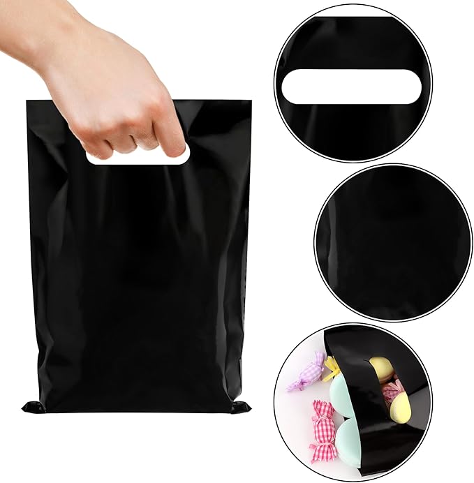 Hxezoc 50 Pieces Black Gift Bags with Handle, Plastic Treat Candy Jewelry Bag Black Party Favor Bag for Baby Shower Birthday Party Decoration Supplies