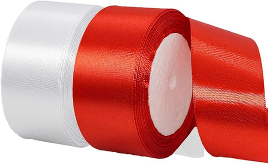 2 Rolls White Red Ribbon, 1-1/2 Inch x 50 Yards Satin Red White Fabric Ribbon for Flower Bouquets, Gift Wrapping, DIY Crafts, Birthday Cakes, Holiday, Wedding Party and Mother’s Day Decorations