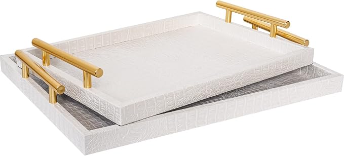 Modern Elegant Large Wood Serving Tray, Set of 2 Pearl White Crocodile Leather with Gold Polished Metal Handles, Home Decorative Rectangle Ottoman Platter Living Room Bathroom Vanity Tray