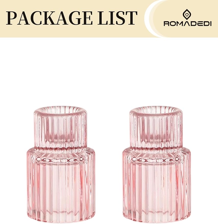 Romadedi Pink Glass Candle Holders - Set of 2 Ribbed Candlestick Holder for Table Centerpiece Elegant Taper Holder for Wedding Birthday Party Baby Showers Valentines Mother's Day Christmas