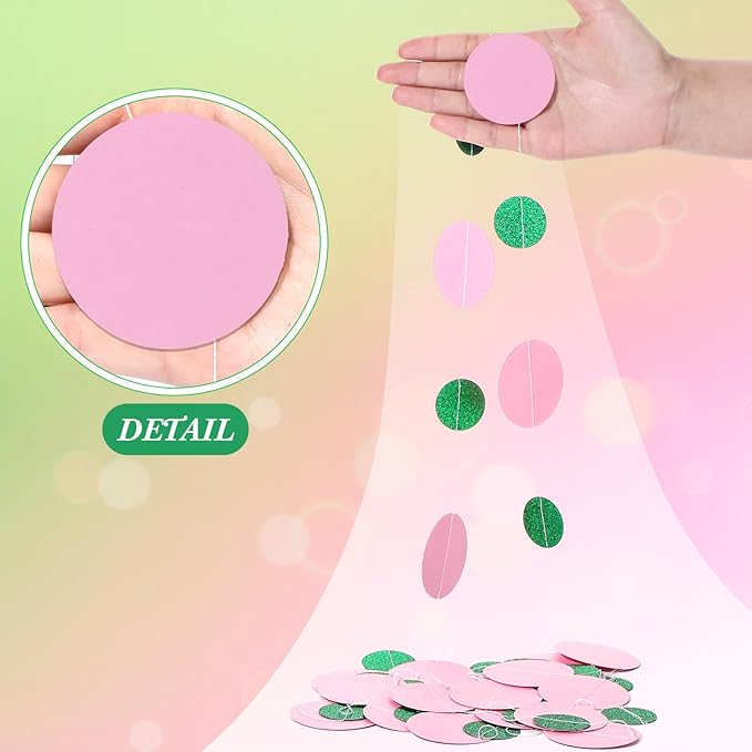 Outus 5 Pieces Pink,Green Round Dots Garland Graduation Party Hanging Decor Each Length 13.1ft Glitter Paper Dot Streamers for Birthday Wedding Classroom Supplies