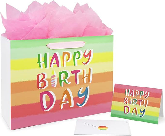 Oletx 13" Rainbow Gift Bags Happy Birthday Party Favor Paper Bags Set with Tissue Paper Greeting Card for Women' Birthday Party, Wedding, Anniversaries, Mother's Day