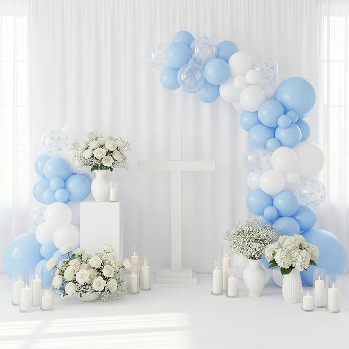 HILAVO Blue Bow Balloons, 12 Inch Pastel Light Blue Transparent White Bow Print Coquette Balloon for Girls Birthday Bachelorette Party Bridal Baby Shower Wedding Anniversary Decorations Supplies