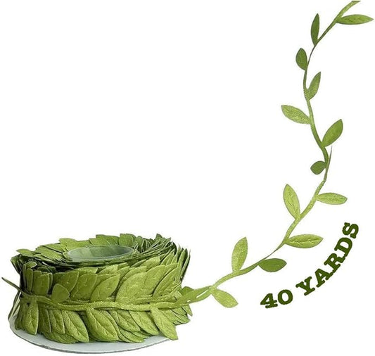Leaf Ribbon 40 Yard Fabric Ribbons Roll Green Leaf Tape 1" Width Artificial Olive Trim Tape for Gift Wrapping Craft DIY