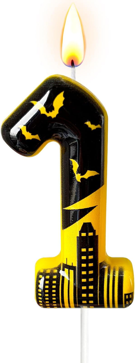 Black Yellow Number 1 Birthday Candle for Cake – Dark Night Hero Style with Bat & City Silhouette Design – Unique Cake Topper for Birthday, Anniversary, Themed Party Decoration