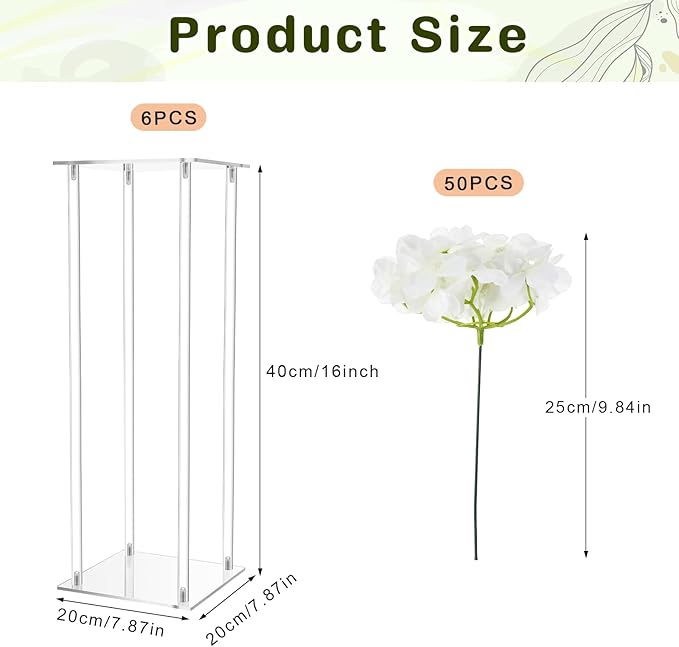 Geetery Tall Acrylic Wedding Flower Stand Centerpieces Clear Elegant Vase Column Stand with Artificial Hydrangea Flowers for Wedding Party Table Home Decorations(6 Pcs,16 Inch)