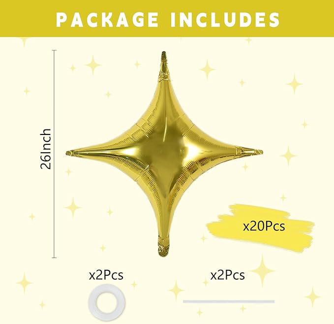 TONIFUL 20Pcs 26Inch Large Gold Four Pointed Star Shape Foil Balloons Big Gold Star Mylar Balloons for Birthday Wedding Baby Shower Anniversary Engagement Party Decorations Supplies
