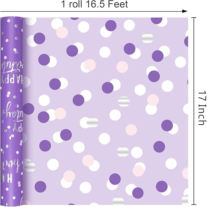 MAYPLUSS Birthday Wrapping Paper Roll - 17 Inch X 16.5 Feet - Purple Glitter Happy Birthday Lettering Metallic Foil Paper Girl Gift Wrap w/Polka Dot for Party