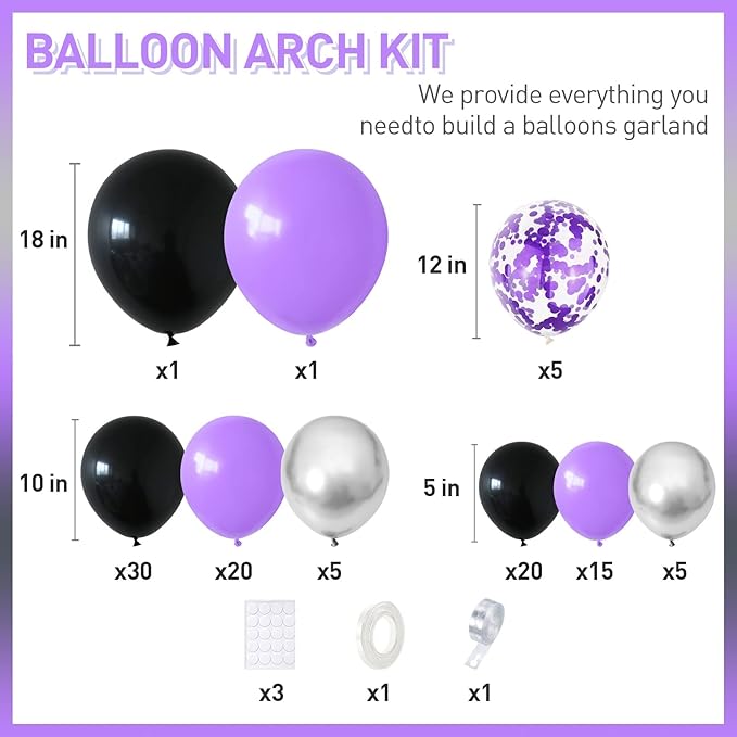 Black Purple Balloons Arch Kit,BTZO Metallic Silver Purple Confetti Balloon for Birthday Wedding Bridal Shower Graduations Party Decorations