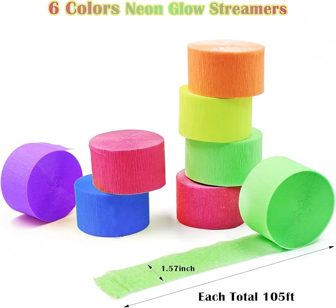 1260feet Glow in The Dark Neon Paper Streamers Blacklight Party Neon Streamer Decorations 12 Rolls Glow Crepe Paper UV Reactive Fluorescent Neon Fiesta Glow Party