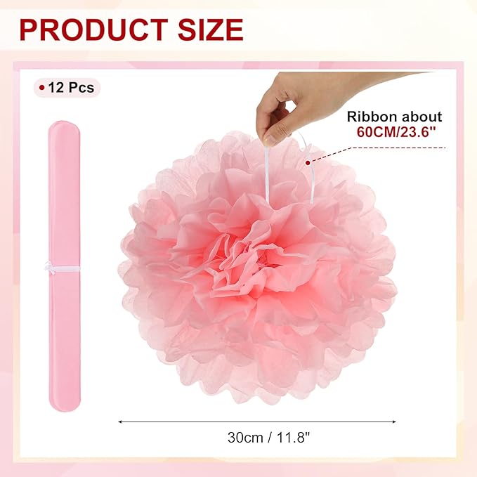 PATIKIL 12inch Tissue Paper Pom Poms, 12PCS Pom Poms Paper Flowers Ball Tissue Paper Flowers for Wedding Bridal Shower Birthday Bachelorette Party Backdrop Decoration, Light Pink
