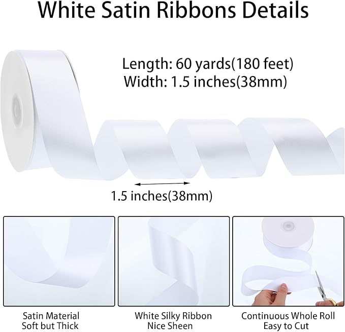 woric White Satin Ribbon 1 1/2 Inch 60 Yards White Wedding Decor Bows Ribbon for Corsage Wristlet Gift Wrapping Chair Bows Bride Shower Flower Bouquet Mothers Day