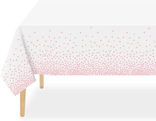 QIKSION 6 Pack White and Pink Dot Plastic Tablecloth, Waterproof Disposable Party Table Cloths for Baby Shower, Wedding, Anniversary, Birthday Party(54 × 108 Inch)