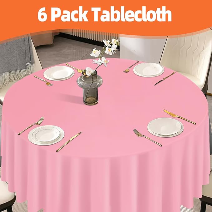 tujol Pink 6 Pack Plastic Table Cloth 84", Disposable Round Tablecloth Table Cover, Plastic Tablecloths for Parties
