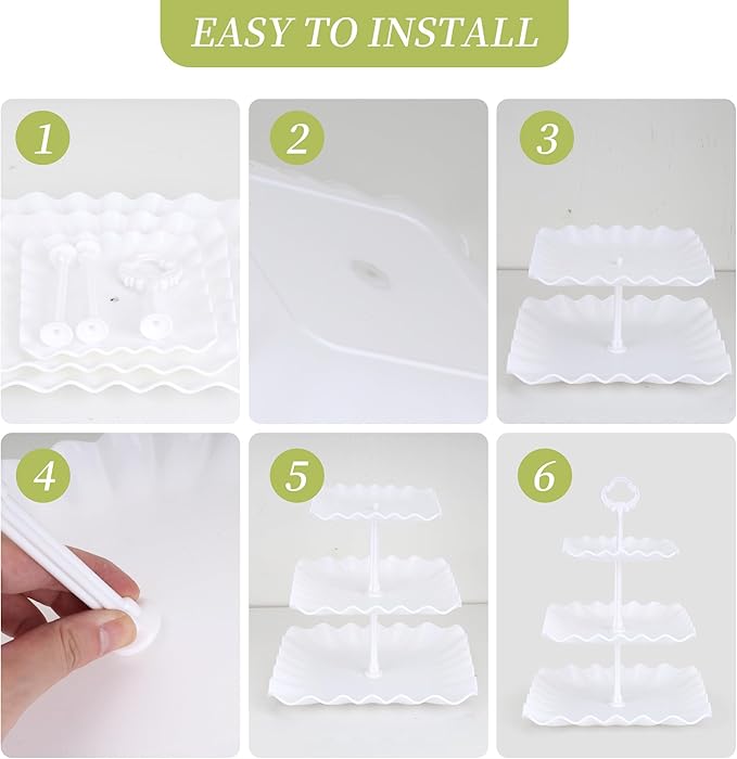 6 Pcs Dessert Table Display Set - 2 X Cupcake Stand Holder/Cup Cake Tier Tower & 4 X Serving Tray Combo for Tea Party, Birthday, Baby Shower (Square Pure White)