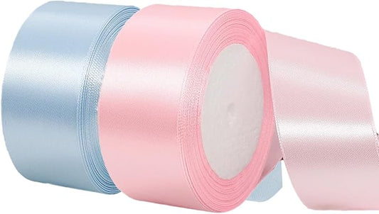 2 Rolls Light Blue Ribbon, 1-1/2 Inch x 50 Yards Satin Blush Pink Fabric Ribbon for Flower Bouquets, Gift Wrapping, DIY Crafts, Birthday Cakes, Holiday, Wedding Party and Mother’s Day Decorations