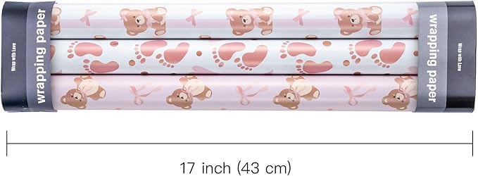 WRAPAHOLIC Bear Baby Shower Wrapping Paper - Mini Roll - 3 Rolls - 17 Inch x 120 Inch - Coquette Teddy Bear with Pink Ribbon Bow Wrapping Paper for Baby Shower, Girls Birthday