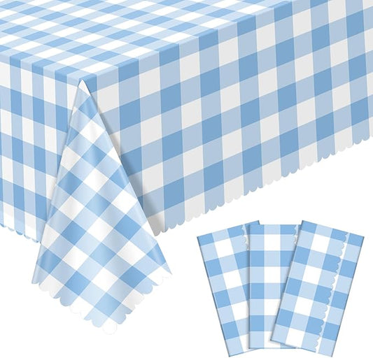 3 Pack Blue Gingham Tablecloths, 54 X 108Inch Scalloped Blue and White Checkered Table Cloth Disposable Party Tablecloth for Baby & Bridal Shower Picnic Camping Birthday Barbecue Tea Party Wedding