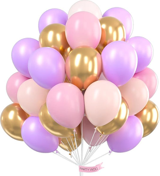 PartyWoo Pink Purple and Gold Balloons 66pcs 12 Inch Baby Pastel Light Pale Pink Purple Metallic Gold Balloons for Graduation Baby Shower Birthday Butterfly Anniversary Princess Party Decorations