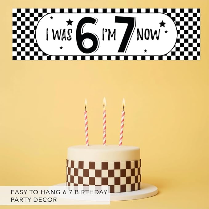 Andaz Press 13x48 Inch 6 7 Birthday Banner Decorations, I Was 6 Now I'm 7 Birthday Banner Black Checkered 67 Happy Birthday Party Banner for Boys or Girls, Home or Party Decor Backdrop Sign