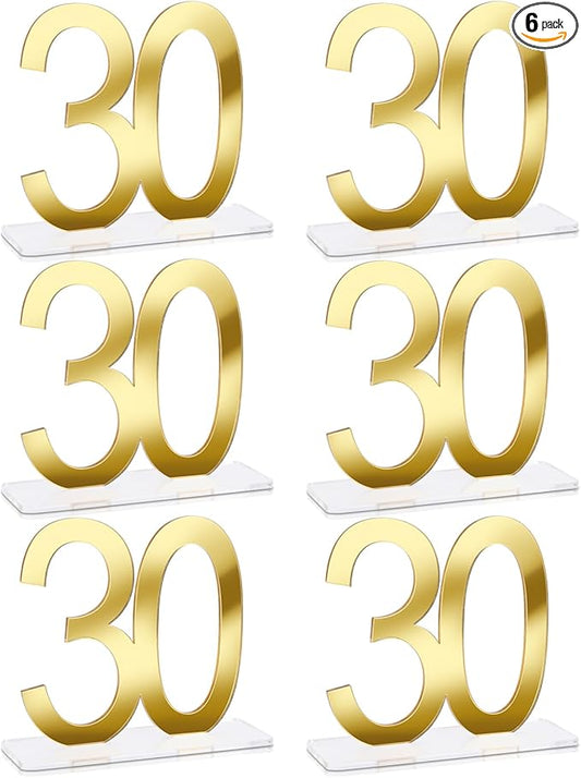Threehoney 6 Pcs Mirror Gold 30th Birthday Decorations for Men and Women Acrylic Anniversary Decorations Table Numbers Centerpieces for Birthday Party
