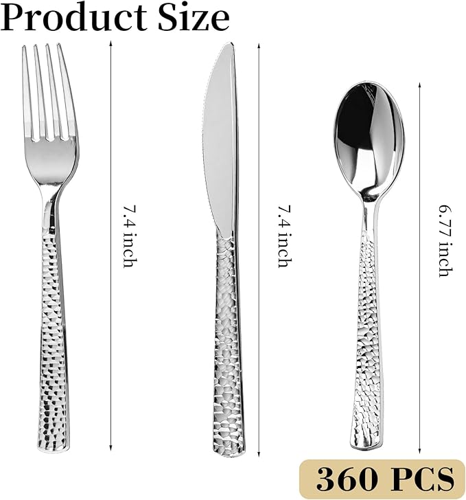 360PCS Silver Plastic Silverware, Heavy Duty Plastic Cutlery Set, Disposable Utensils, 120 Forks, 120 Spoons and 120 Knives for Party, Wedding and Events