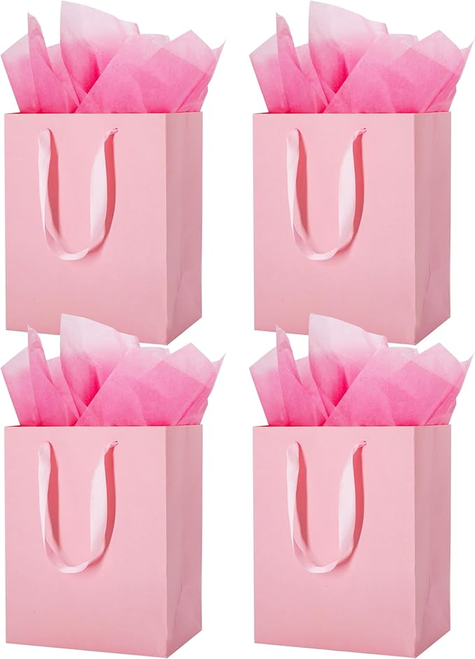 MOXARYSU 4 Pcs Medium Pink Gift Bags: 8x5x10 Inches Gift bags With Handles Party Favor Bags With 8 Tissue Paper For Party,Birthday,Baby Shower,Wedding（Pink）