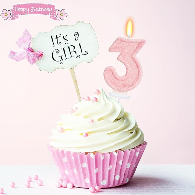 Pink Birthday Candles - Number 3 Candle for 3rd Birthday Decorations for Girls, Sweet Theme Ice Cream Birthday Party Decorations