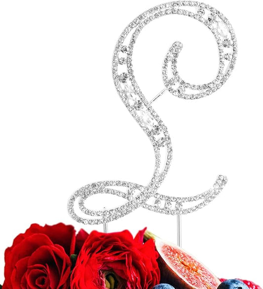 LINGPAR Letter L Cake Topper Rhinestone Crystal Silver Letter for Wedding or Anniversary Birthday Party Decoration Supplies