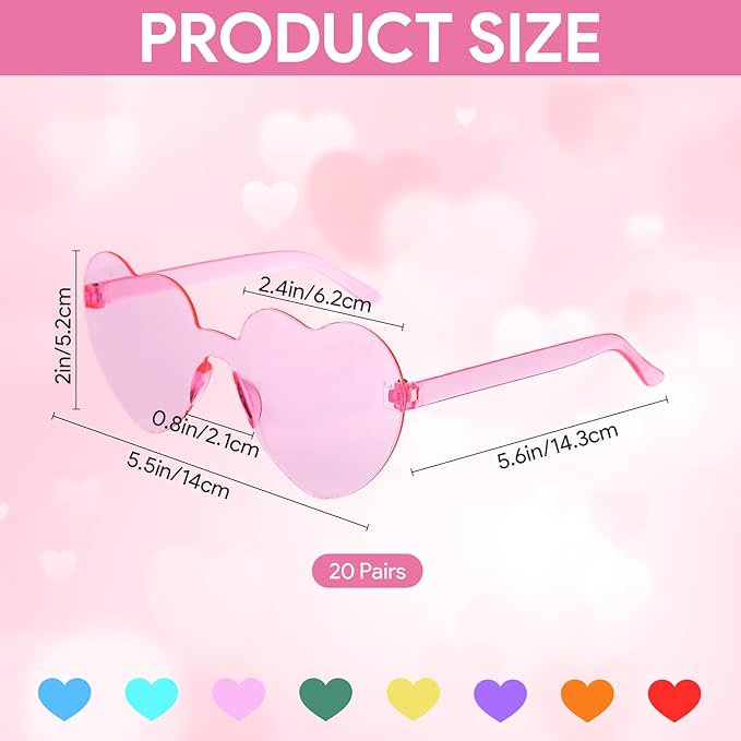 20 Pairs Heart Sunglasses, Heart Shaped Sunglasses Fun Rimless Pink Accessories for Women, Bachelorette Party Favors