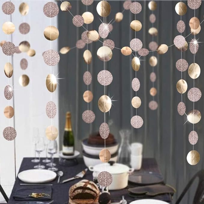 Decor365 Glitter Champagne Gold Party Decorations Gold Birthday Decorations Hanging Circle dot Gold Garlands Streamers Banner Backdrop Bridal Shower Bachelorette Graduation Holiday Party Decor
