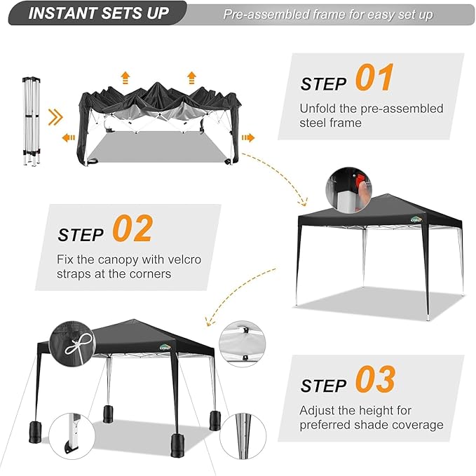 COBIZI 10x10 Ez Pop Up Canopy Tent, UPF 50+ Waterproof Outdoor Canopy, Instant Portable Camping Canopies Gazebo for Commercial Sun Shade Party Backyard with 4 Sandbags(Black)