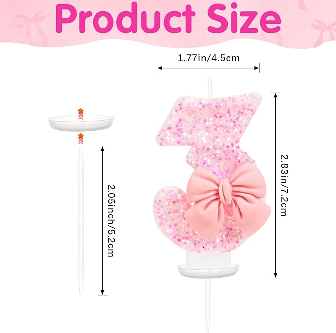 Pink Bow Number 3 Birthday Candle, Glittering Candles Birthday Cake Topper, Princess Themed Party Decor for Girls and Women Anniversary Party Supplies