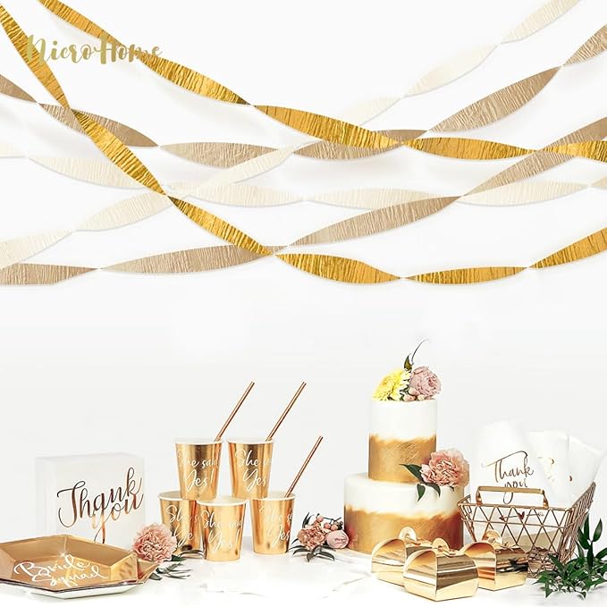 NICROHOME EUR Wedding Decorations, 6 Rolls Ivory White Gold Light Brown Crepe Paper Streamers for Bridal Shower, Birthday Party, Golden Engagement Party, New Year Decorations 82 Ft Long