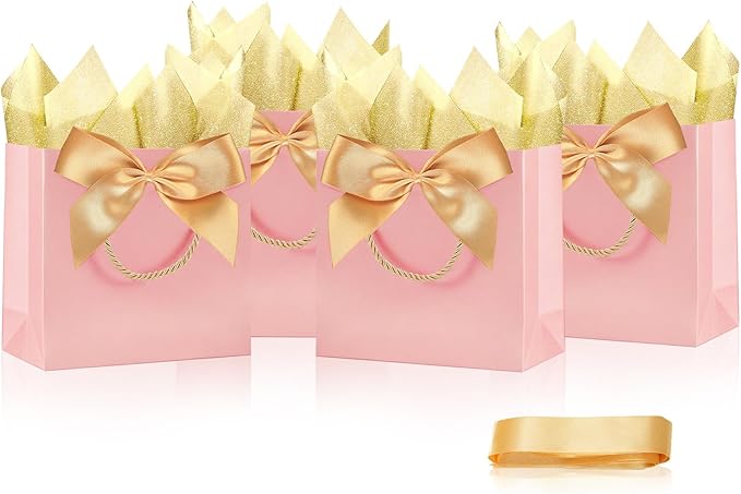 SHIPKEY 10PCS Pink Gift Bags, 11"x4"x8" Medium Welcome Bags, Luxury Shopping Bags with Ribbon Handle and Bows (28x10x20cm)