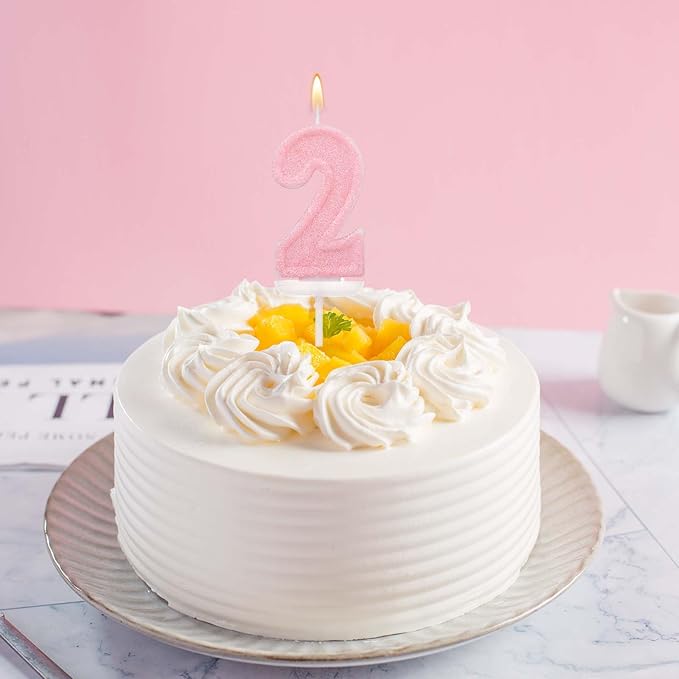Pink Number Birthday Candles, Romantic Cake Glitter Pink Number Candles Anniversary Cake Topper Decoration Cute Birthday Party Supplies for Wedding Anniversary Celebration Supplies (2)