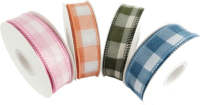 Meseey 7/8 Inch Pastel Plaid Wired Ribbon Set, 4 Rolls Total 40 Yards, Pink/Orange/Sage Green/Blue Buffalo Check Ribbon for Gift Wrapping, Wreath Making, Crafts, Baby Shower & Spring Decor