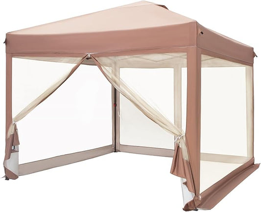 Sophia & William Canopy Tent Pop Up 10x10 ft, Outdoor Patio Portable Commercial Canopies Shelter with Screen Mesh, Roller Bag, 8 Stakes, 4 Guy Ropes, UPF50+ (Brown)