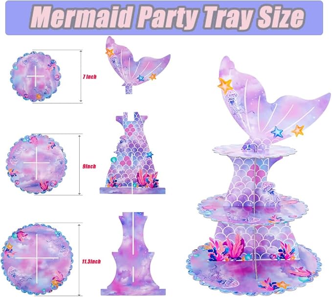 MRPAPA 2Pack Mermaid Cupcake Stand, 3 Tier Party Decorations Mermaid Theme Cupcake Holder Baby Shower Cup Cake Holder Birthday Dessert Stand