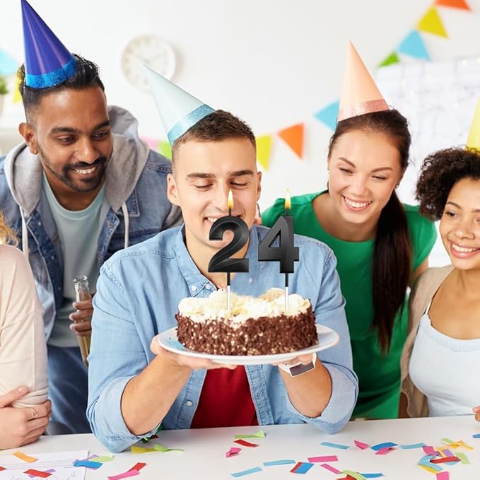 24th Birthday Candles 24 Candles for 24th Birthday Decorations for Boys Happy 24 Birthday Cake Topper Black Birthday Candles Black Number Candles (24)