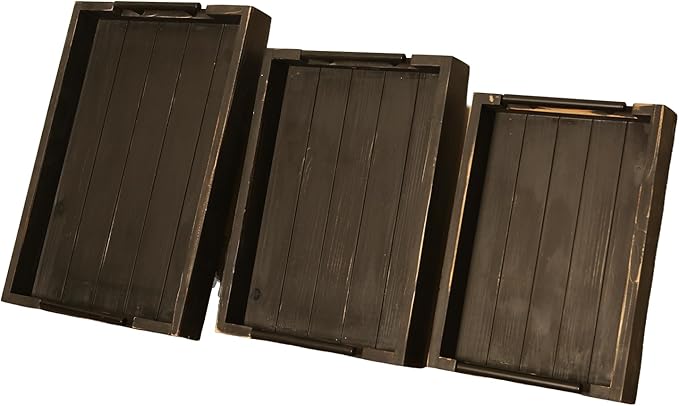 Coffee Table Tray Decorative Nested Vintage Wood Serving Tray Set for Eating, Trays for Eating on Couch Breakfast, Party, Kitchen,Ottoman,Tea Coffee Table Large (Rustic Black, 3Pc)