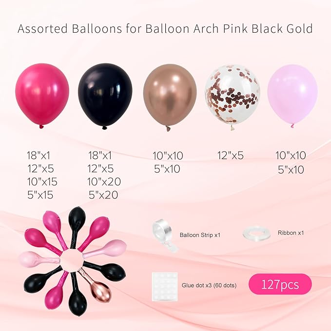 Hot Pink and Black Balloon Garland Arch Kit, 127pcs Latex Balloons for Sweet 16 Bachelorette Bridal Shower Coquette Birthday Party Decorations for Women and Girls