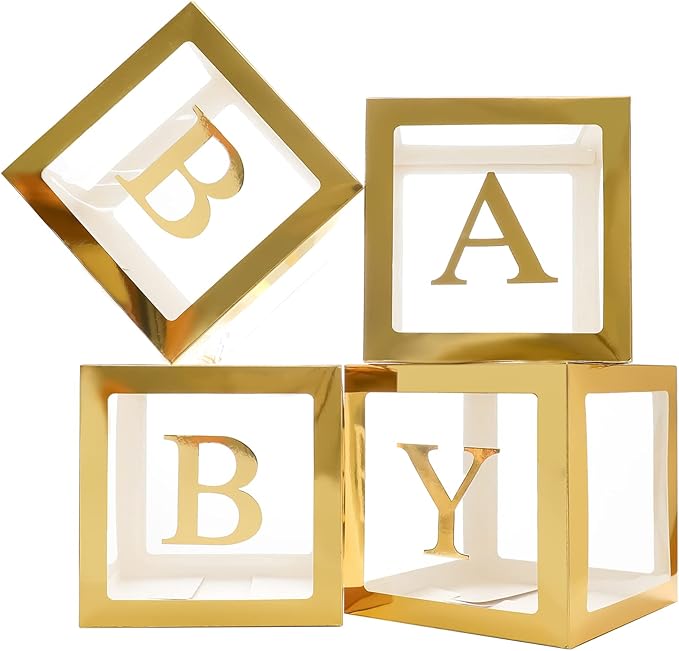 Gold Baby Boxes with Letters for Baby Shower, Baby Shower Decorations for Boys or Girls, Transparent Balloon Boxes Clear Blocks for Birthday Party, Bridal Shower, Gender Reveal