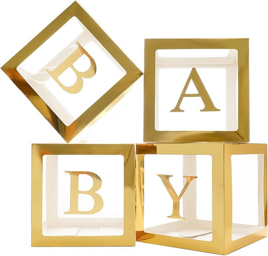 Gold Baby Boxes with Letters for Baby Shower, Baby Shower Decorations for Boys or Girls, Transparent Balloon Boxes Clear Blocks for Birthday Party, Bridal Shower, Gender Reveal