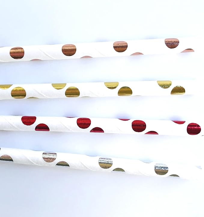 100 pcs Metallic Foil Polka Dot Paper Straws, Colorful Rose Golden Silver Red Drinking Straws, Holiday Birthday Party Bridal/Baby Shower Wedding Celebrations Swizzle Cake Pop Sticks (Metallic Dot 02)